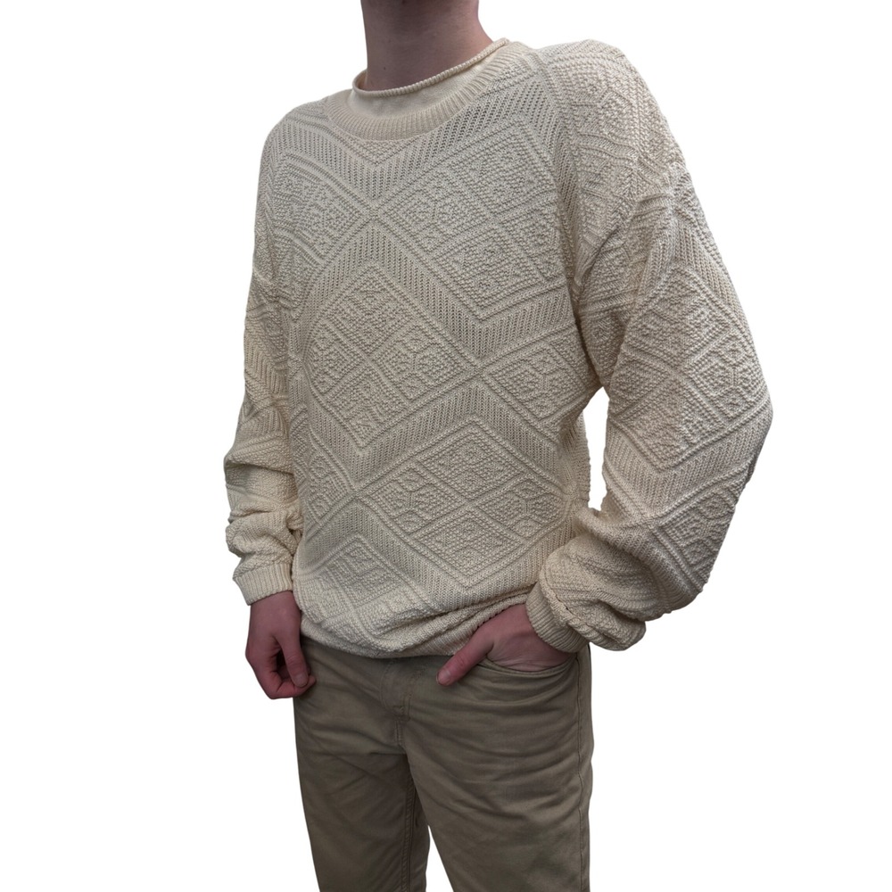 Diamond Knit Jantzen Cream Crewneck Sweater Mens Pullover